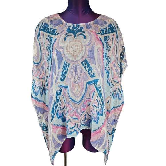 Chico's Pastel Ikat Linen Poncho‎ Watercolor Kaftan Size S/M Women's I17 - Picture 1 of 8